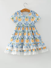 Fall Girls Pumpkin Patch Dress Lace Trim with Pockets