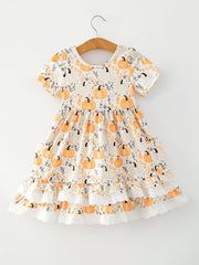 Fall Orange Girls Pumpkin Patch Pockets Dress Lace Trim