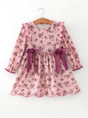 Fall Purple Rose Floral Girl Dress Bow Ruffle Long Sleeve Scalloped Hem