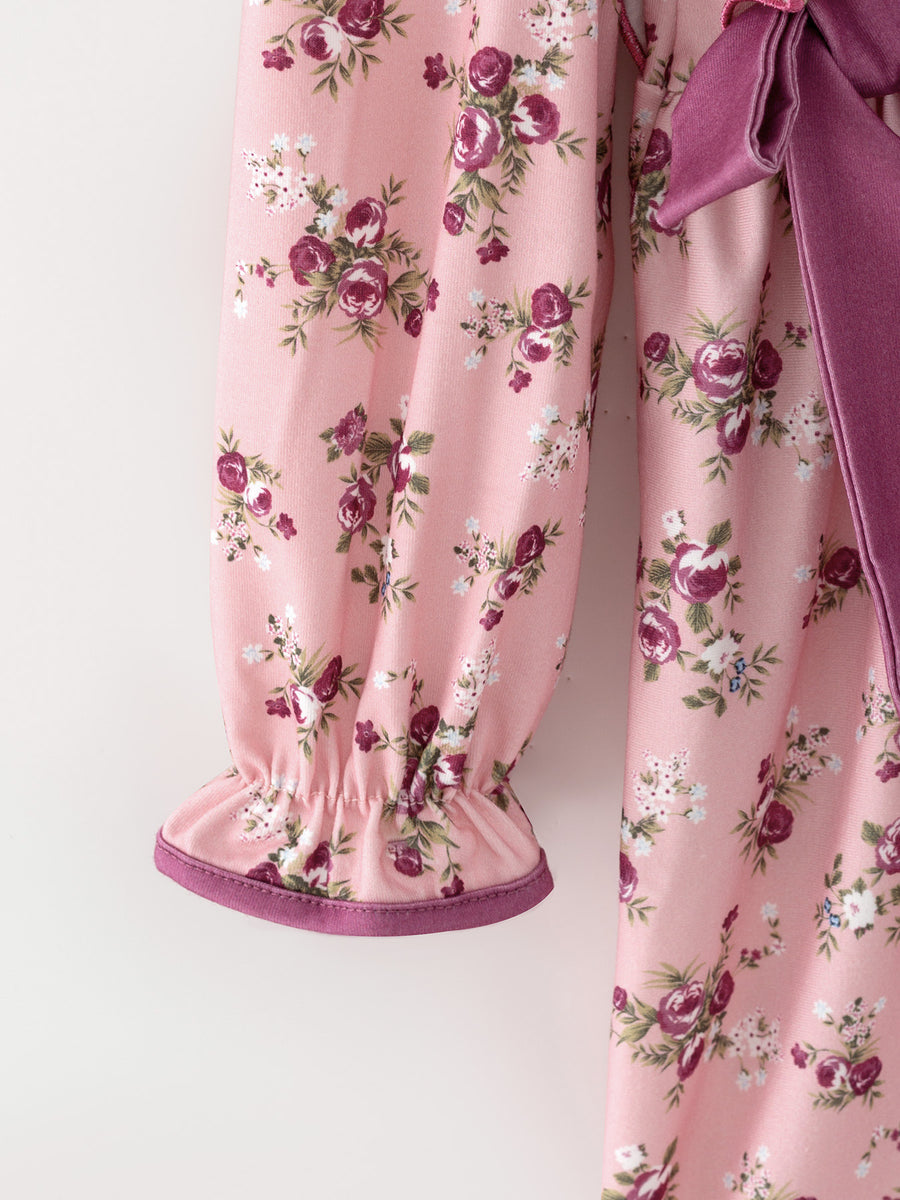 Fall Purple Rose Floral Girl Dress Bow Ruffle Long Sleeve Scalloped Hem