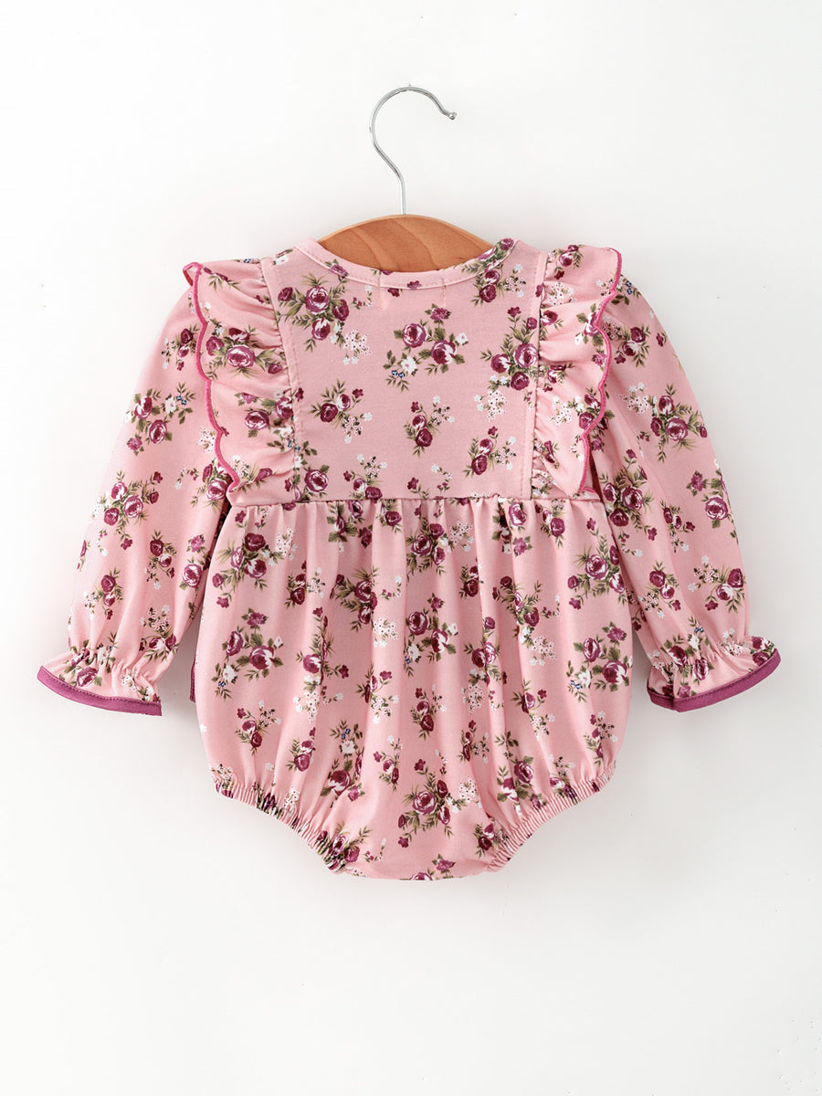 Fall Purple Floral Baby Girl Romper Bow Ruffle Long Sleeve