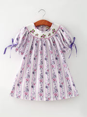 Fall Purple Floral Smocked Embroidered Girl Dress