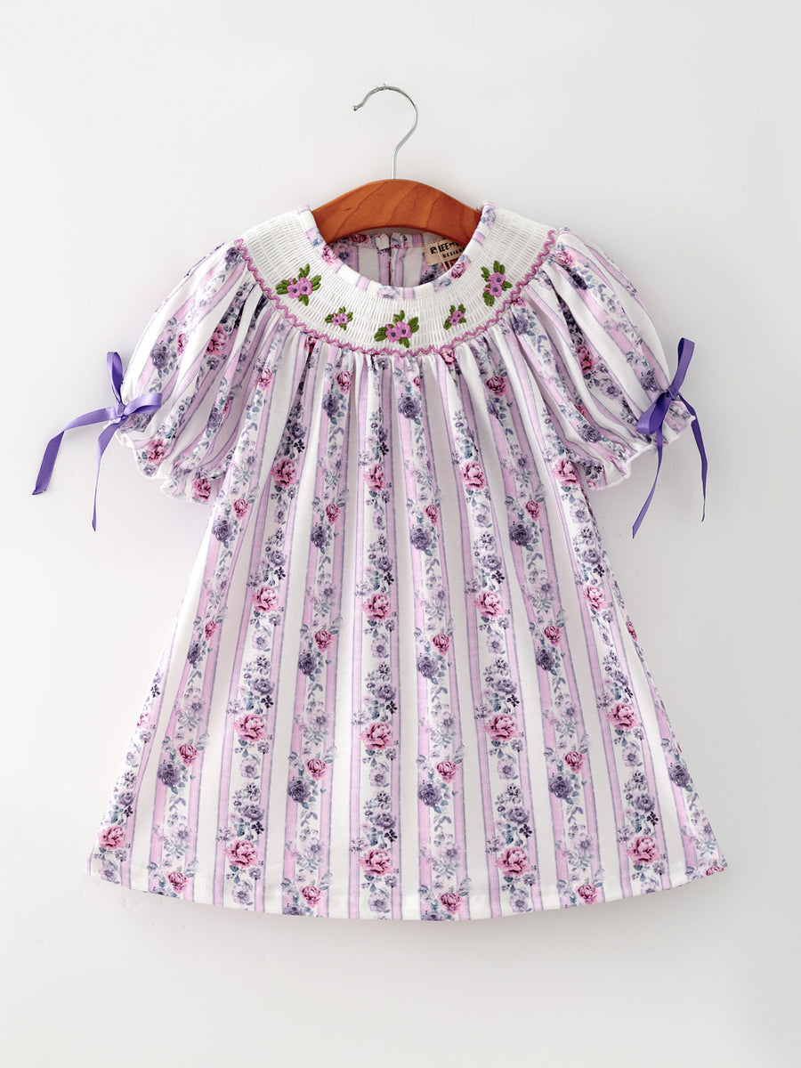 Fall Purple Floral Smocked Embroidered Girl Dress
