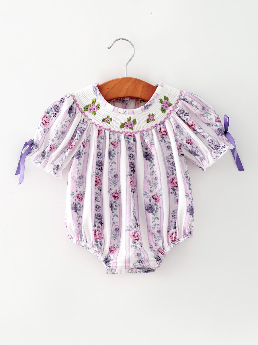 Fall Purple Floral Smocked Embroidered Baby Girl Romper