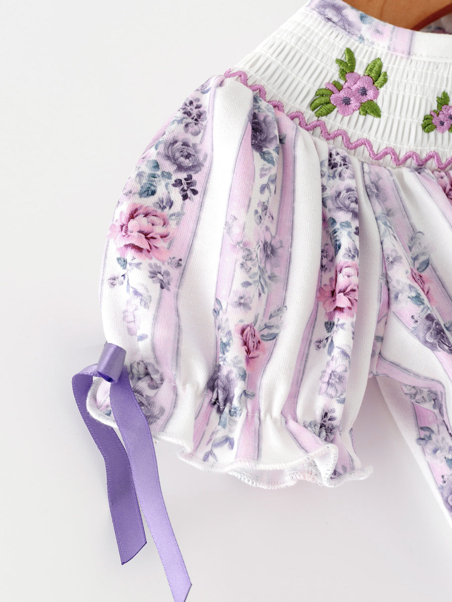 Fall Purple Floral Smocked Embroidered Baby Girl Romper