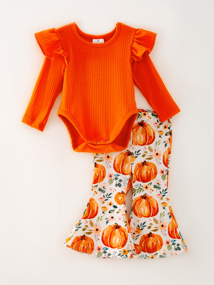 Girls Halloween Pumpkin Print Long sleeve Romper Set