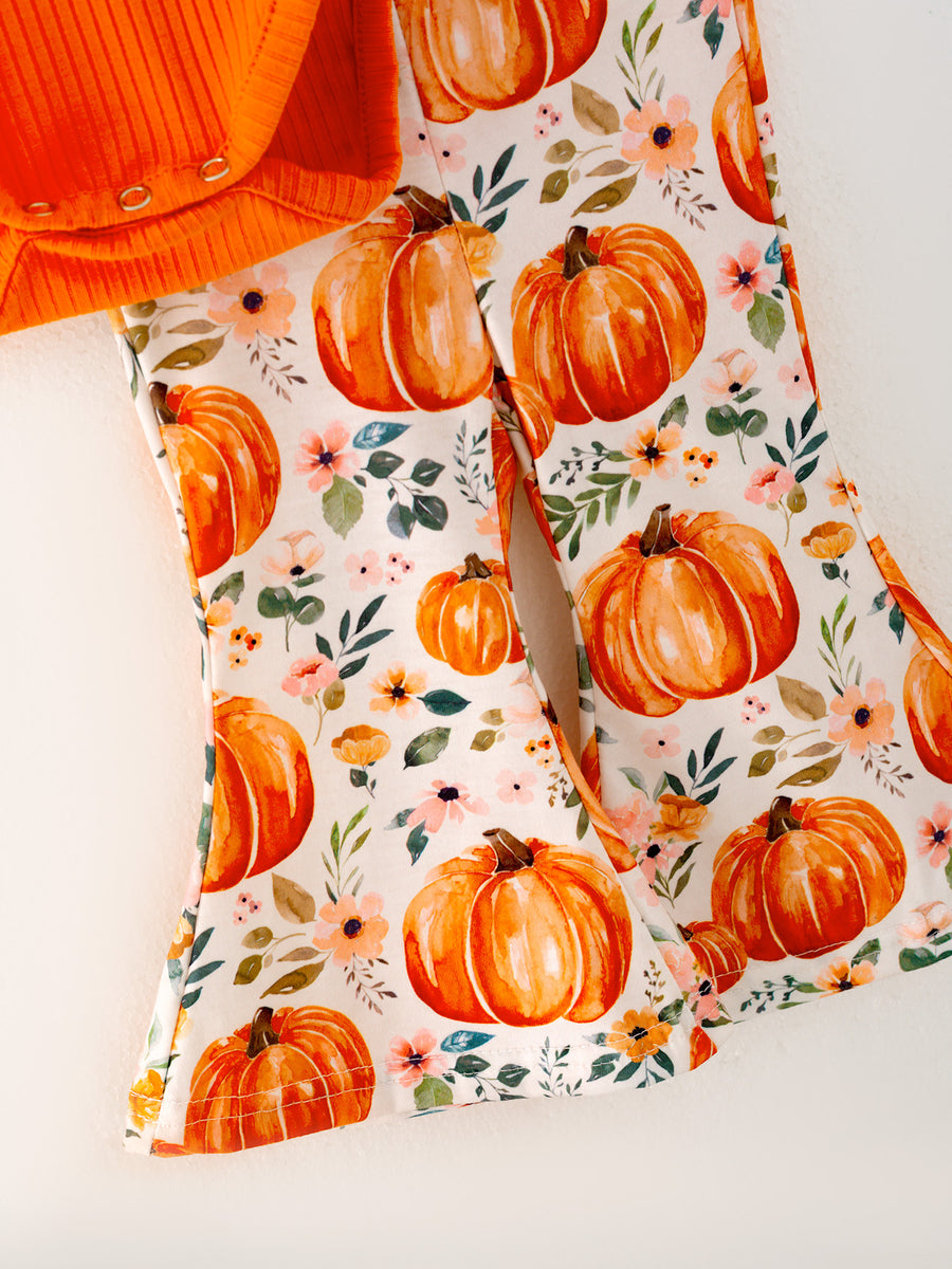 Girls Halloween Pumpkin Print Long sleeve Romper Set