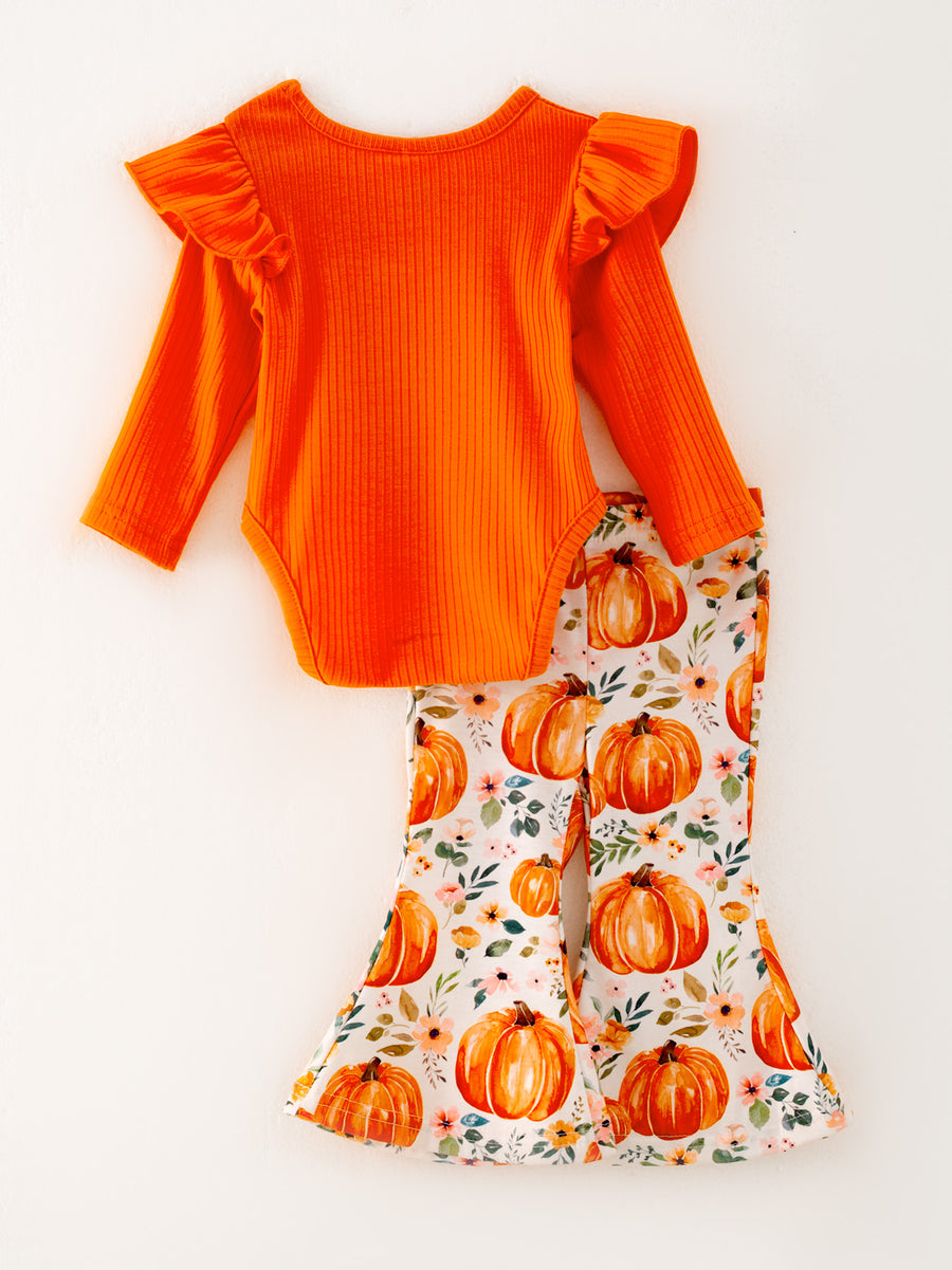 Girls Halloween Pumpkin Print Long sleeve Romper Set