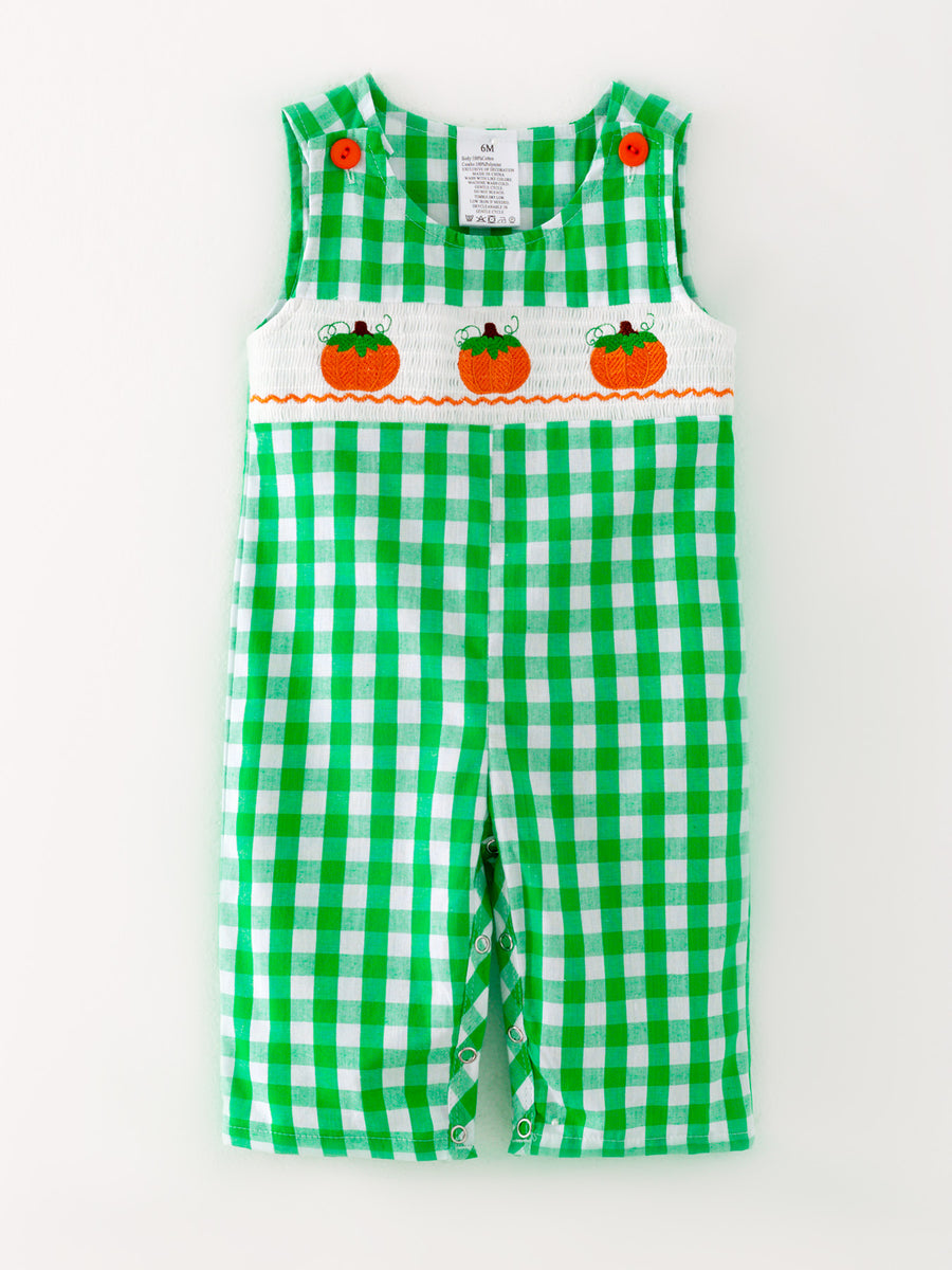 Halloween Green Boys Woven Smocking Embroidered Plaid Romper