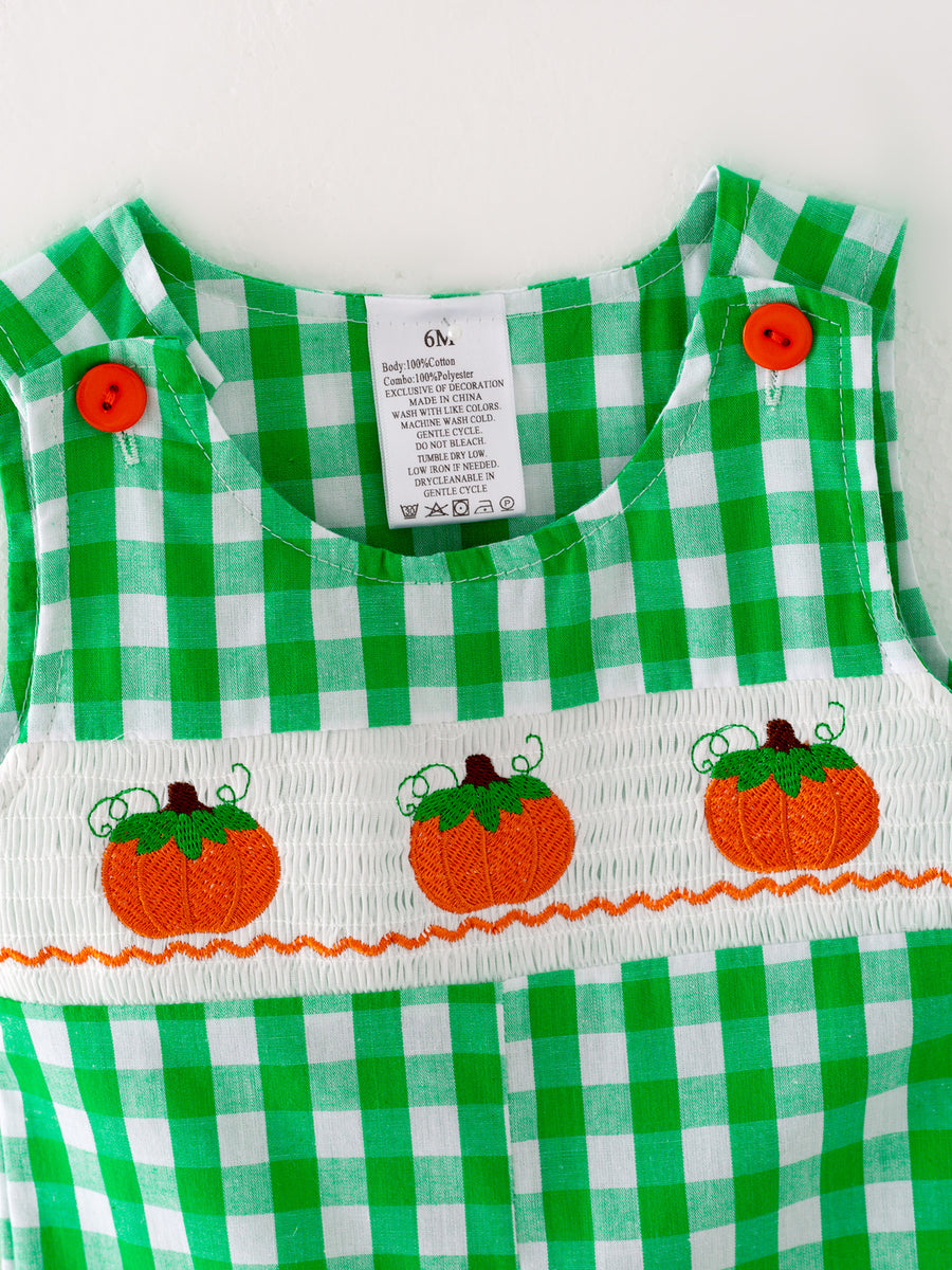 Halloween Green Boys Woven Smocking Embroidered Plaid Romper