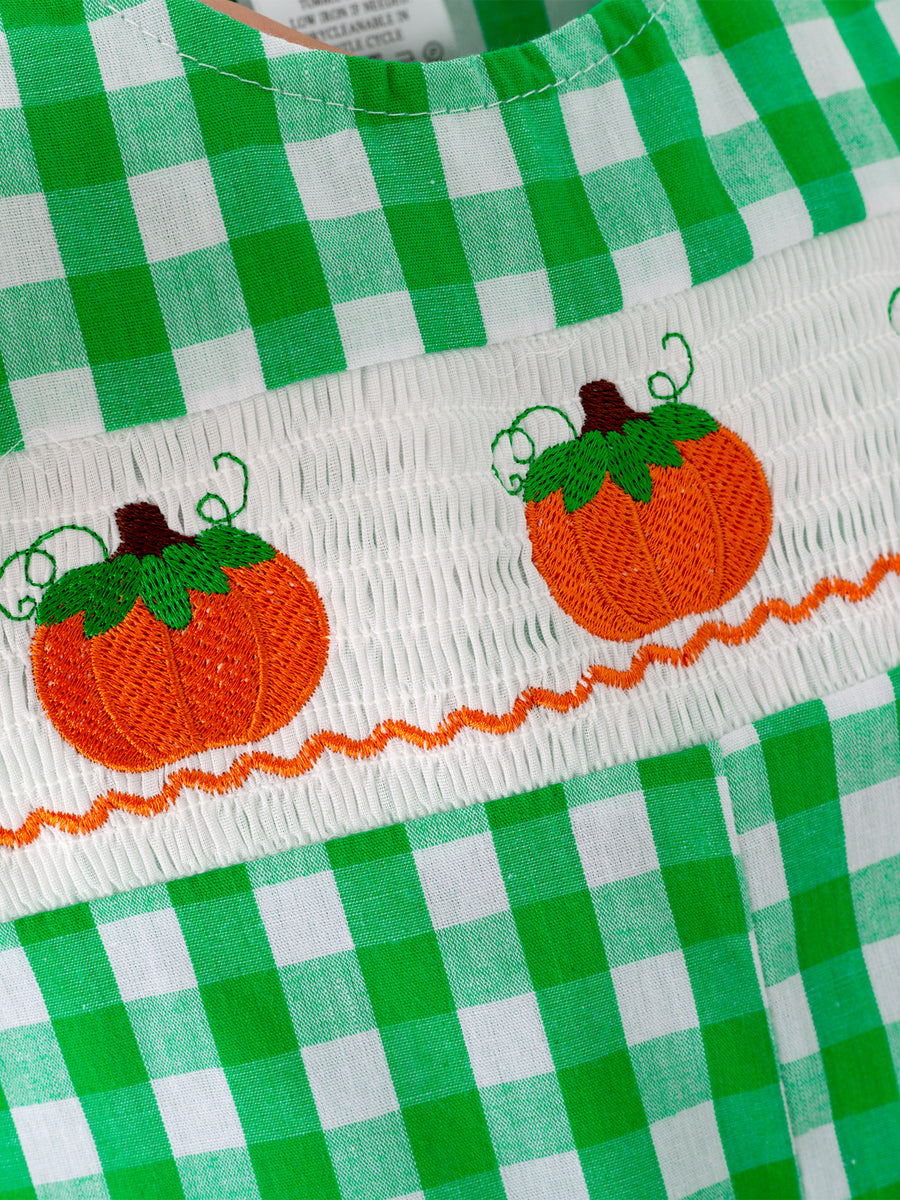 Halloween Green Boys Woven Smocking Embroidered Plaid Romper