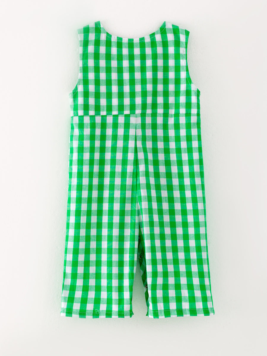 Halloween Green Boys Woven Smocking Embroidered Plaid Romper