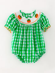 Halloween Green Baby Girls Woven Smocking Embroidered Plaid Romper