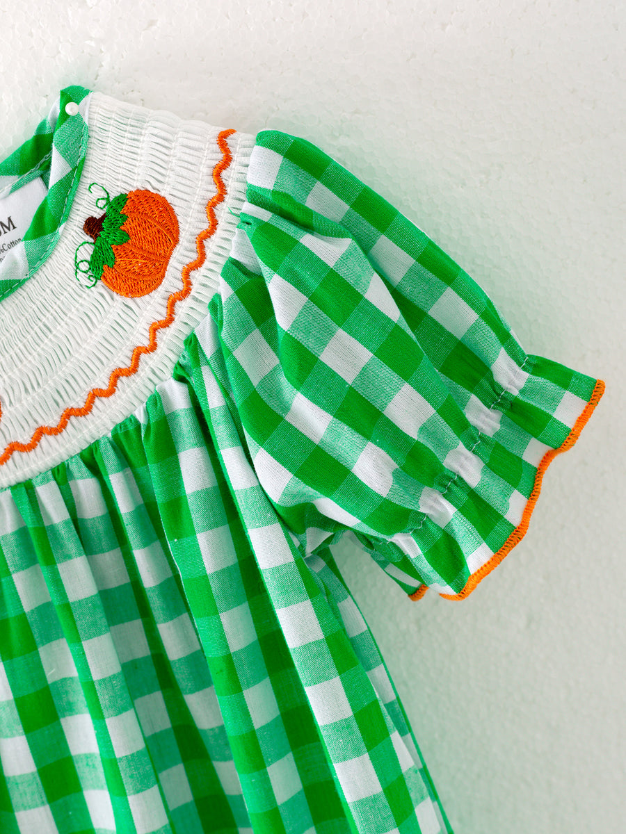 Halloween Green Baby Girls Woven Smocking Embroidered Plaid Romper