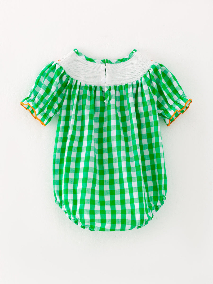 Halloween Green Baby Girls Woven Smocking Embroidered Plaid Romper