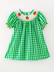 Halloween Green Woven Smocking Embroidered Plaid Dress