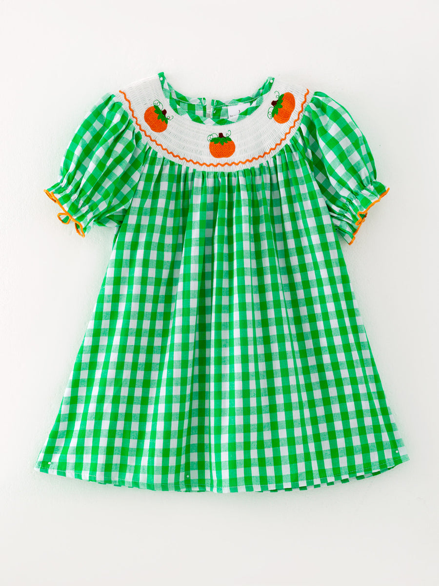 Halloween Green Woven Smocking Embroidered Plaid Dress