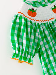 Halloween Green Woven Smocking Embroidered Plaid Dress