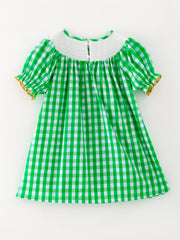 Halloween Green Woven Smocking Embroidered Plaid Dress