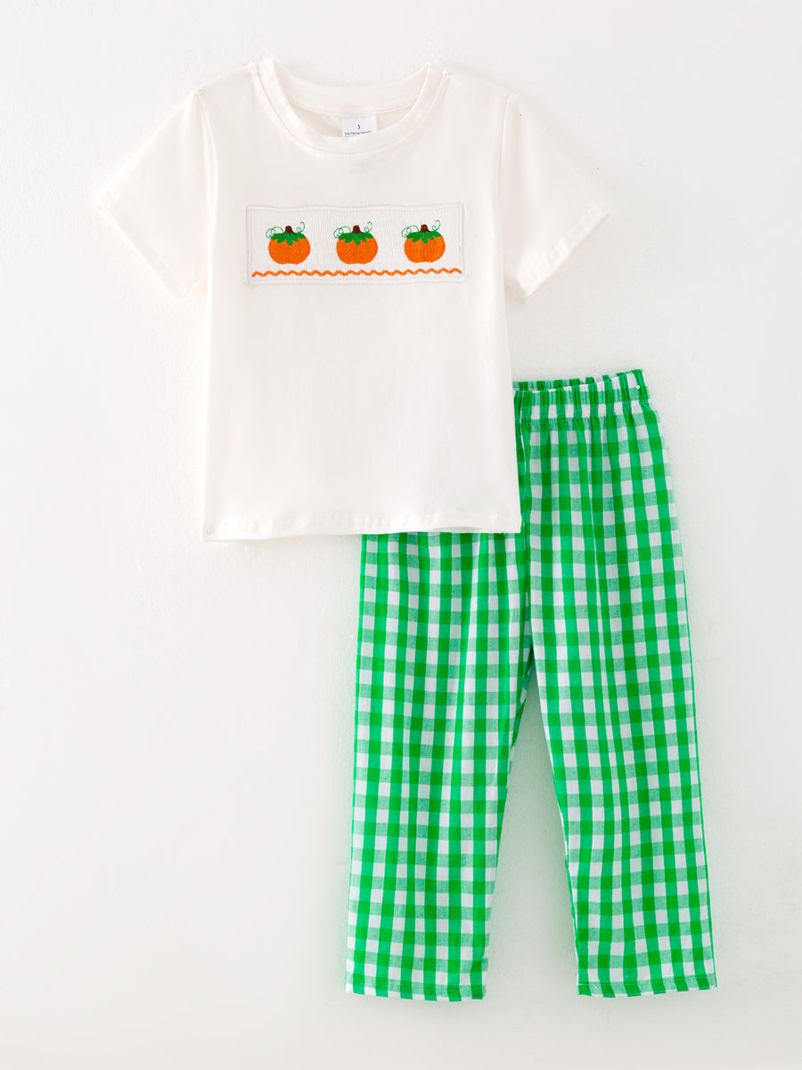 Boys Green Halloween Smocking Embroidered Cotton Plaid set