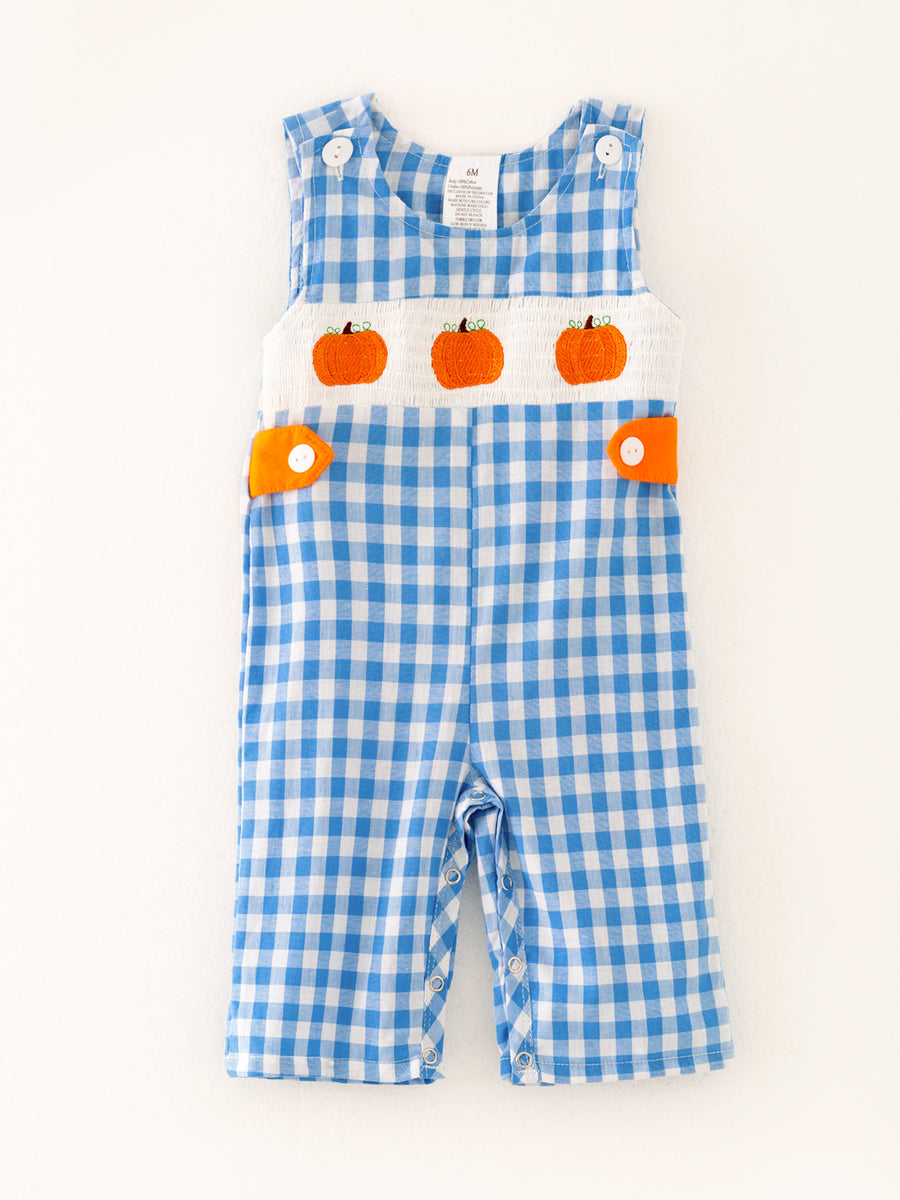 Halloween Blue Boys Smocking Embroidered Plaid Romper