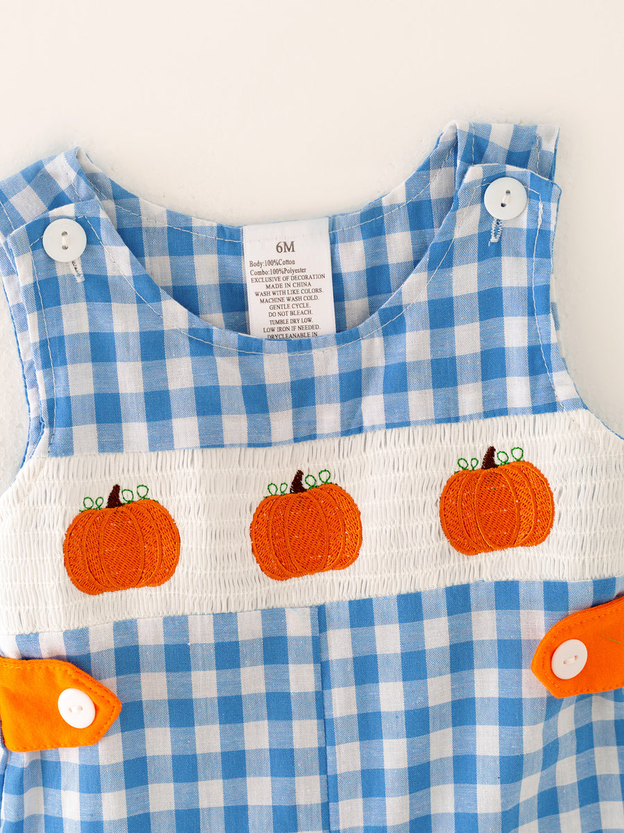 Halloween Blue Boys Smocking Embroidered Plaid Romper