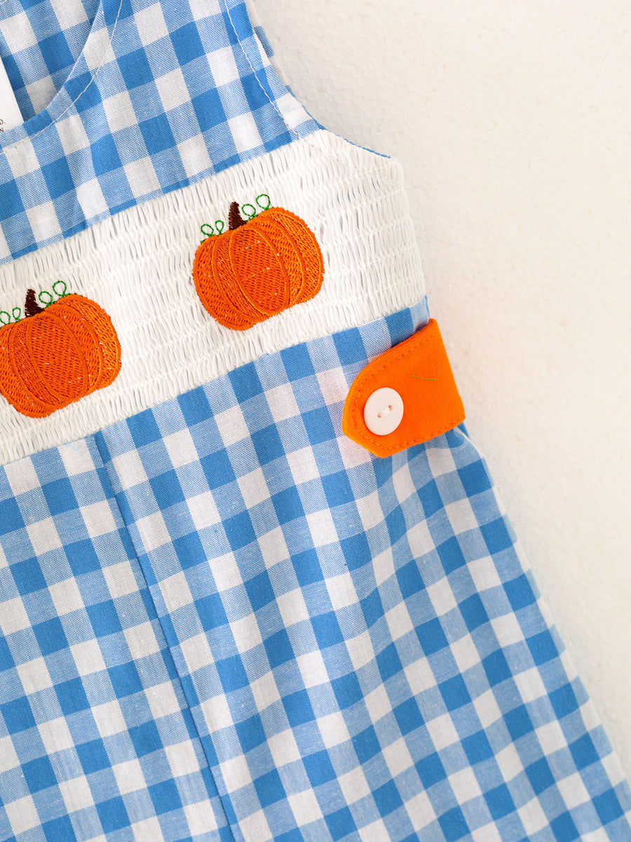 Halloween Blue Boys Smocking Embroidered Plaid Romper