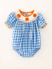 Halloween Bule Girls Woven Smocking Embroidered Plaid Romper