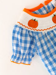 Halloween Bule Girls Woven Smocking Embroidered Plaid Romper