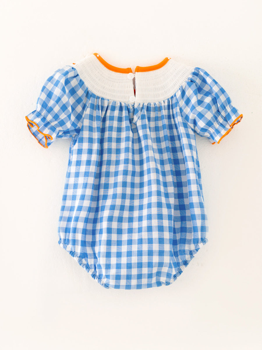 Halloween Bule Girls Woven Smocking Embroidered Plaid Romper