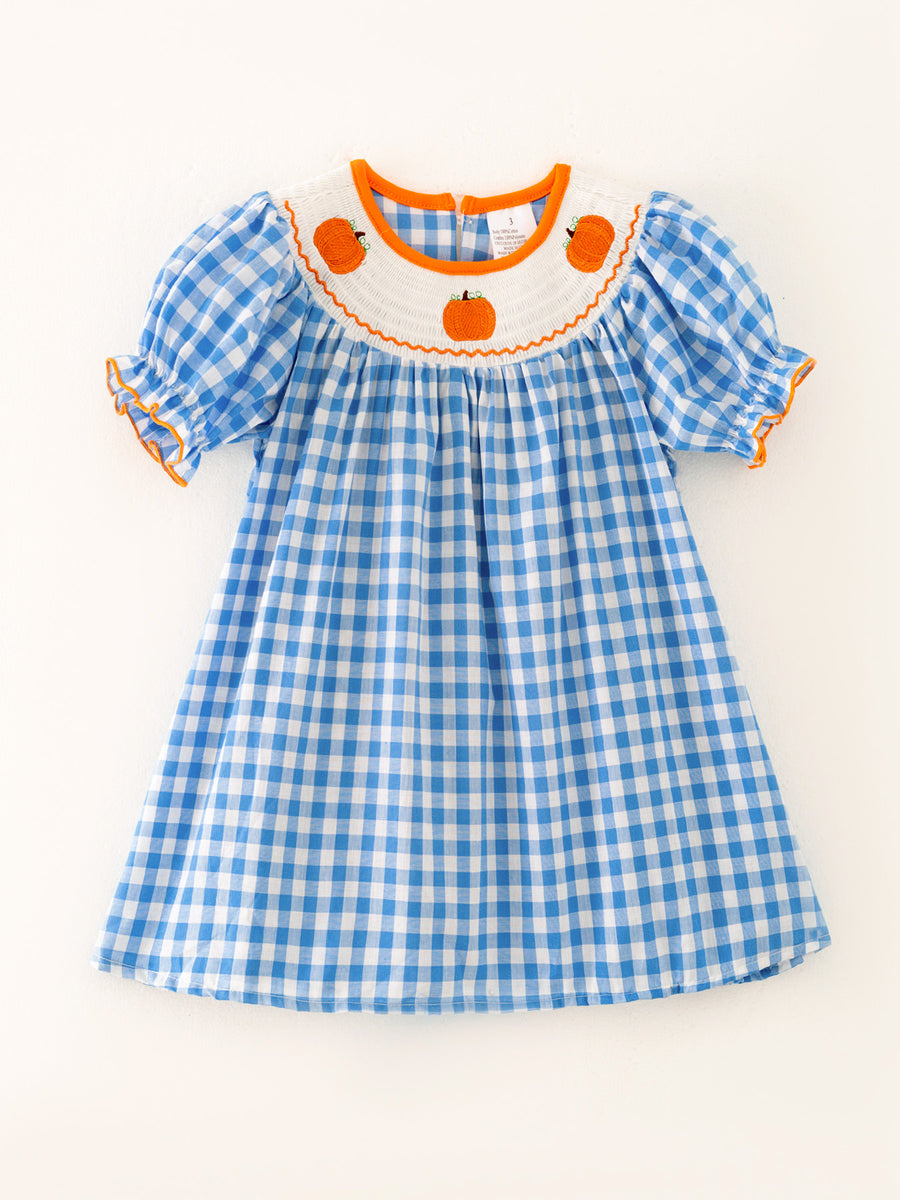 Halloween Bule Woven Smocking Embroidered Plaid Dress