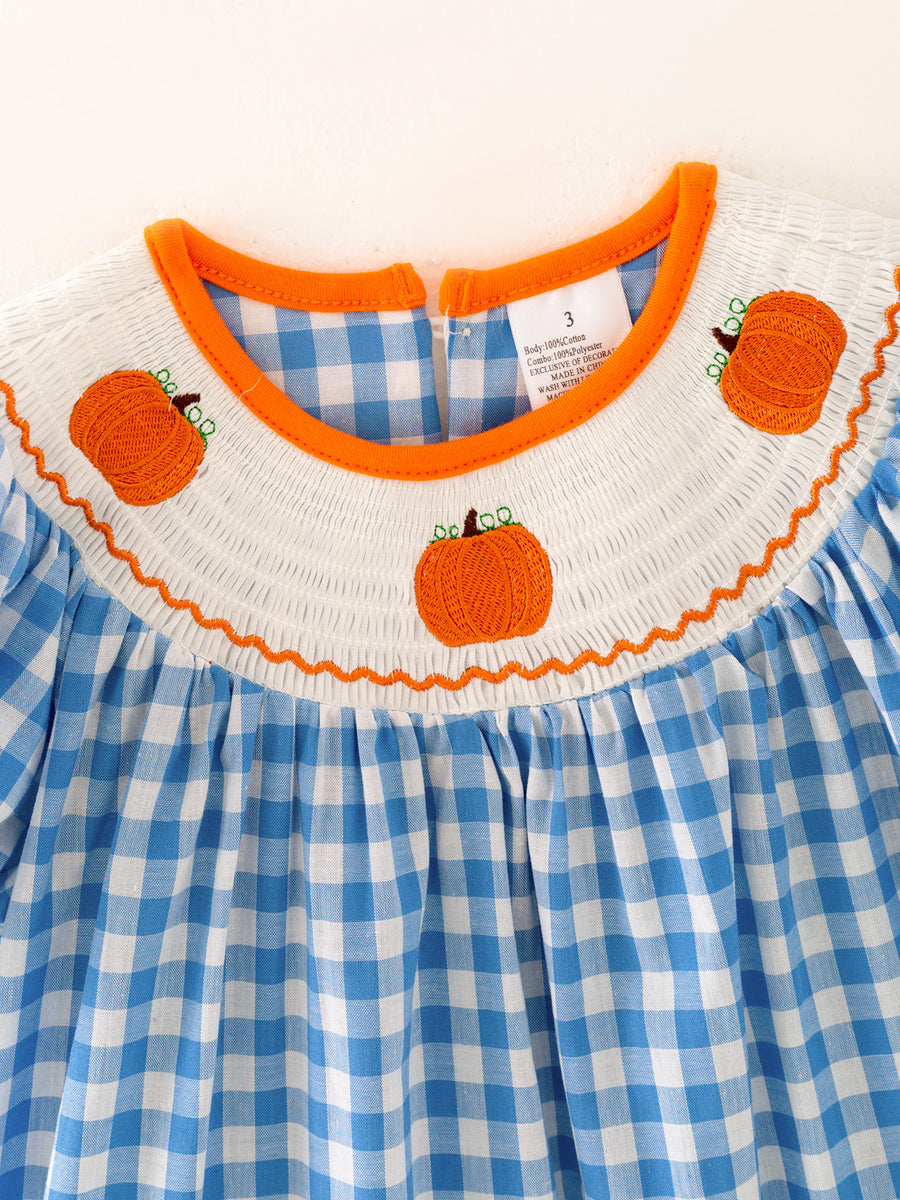 Halloween Bule Woven Smocking Embroidered Plaid Dress