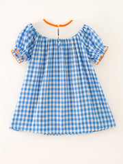 Halloween Bule Woven Smocking Embroidered Plaid Dress