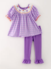 Halloween Girls Purple Smocking Ghost Bow Embroidery Set