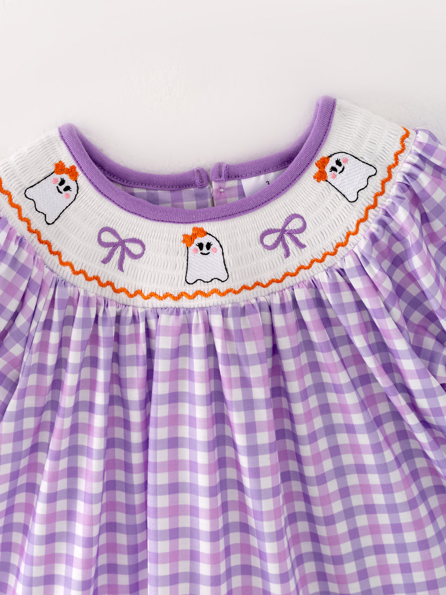 Halloween Girls Purple Smocking Ghost Bow Embroidery Set