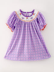 Halloween Girls Purple Smocking Ghost Bow Embroidery Plaid Dress