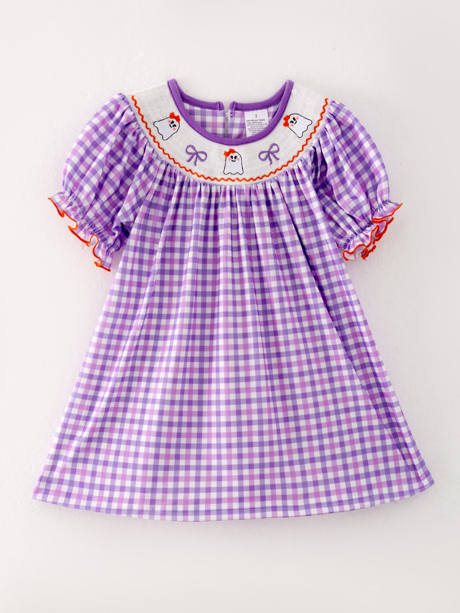 Halloween Girls Purple Smocking Ghost Bow Embroidery Plaid Dress