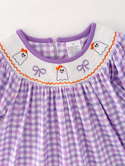 Halloween Girls Purple Smocking Ghost Bow Embroidery Plaid Dress