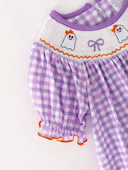 Halloween Girls Purple Smocking Ghost Bow Embroidery Plaid Dress