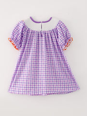 Halloween Girls Purple Smocking Ghost Bow Embroidery Plaid Dress