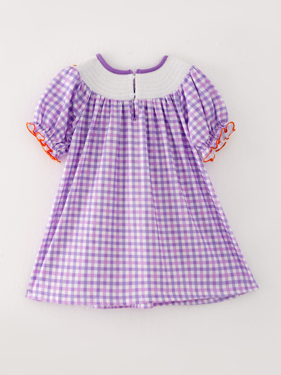 Halloween Girls Purple Smocking Ghost Bow Embroidery Plaid Dress