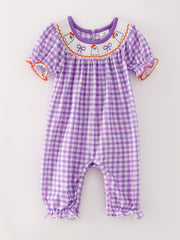 Halloween Girls Purple Smocking Ghost Bow Embroidery Plaid Romper