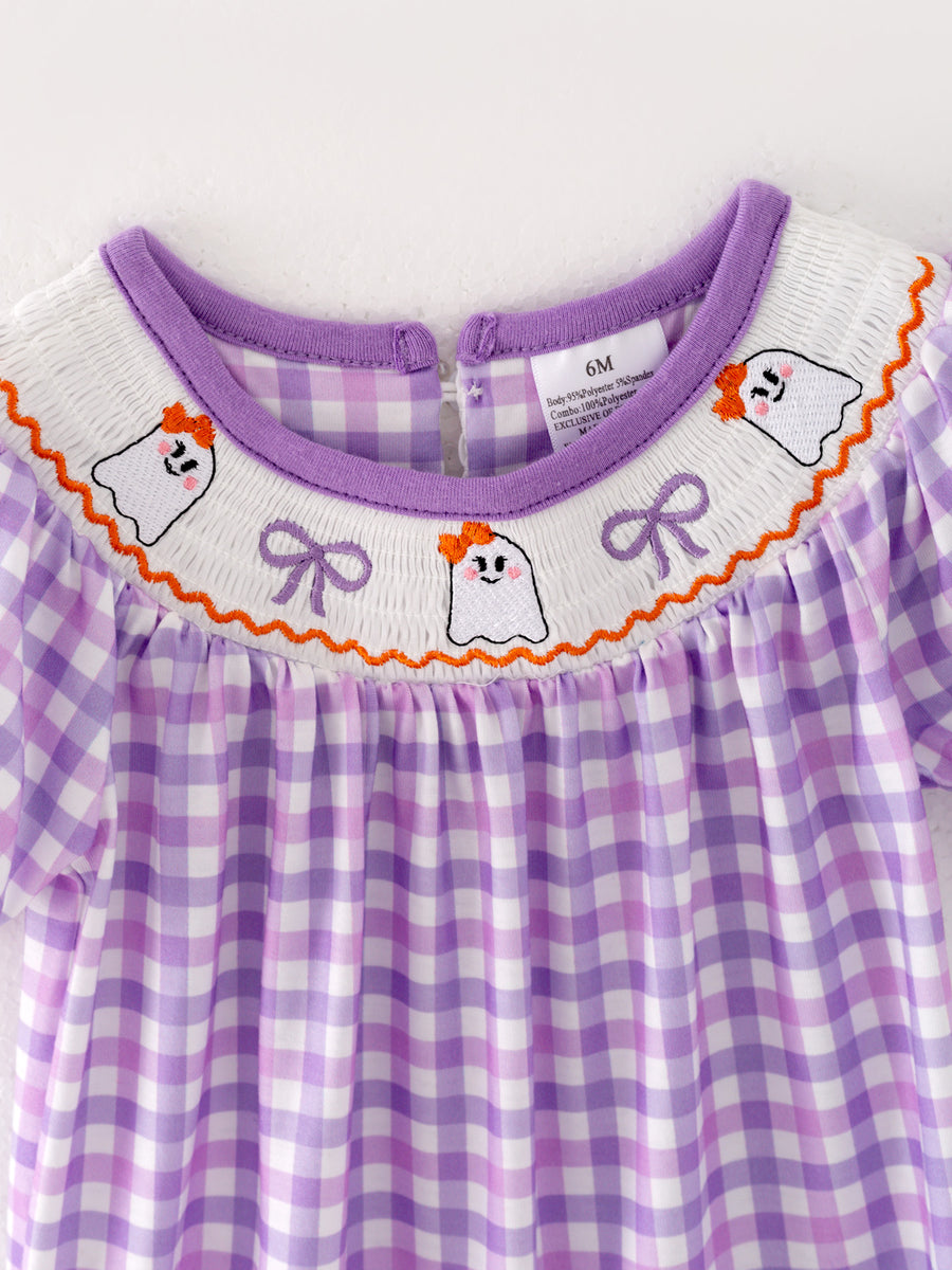 Halloween Girls Purple Smocking Ghost Bow Embroidery Plaid Romper