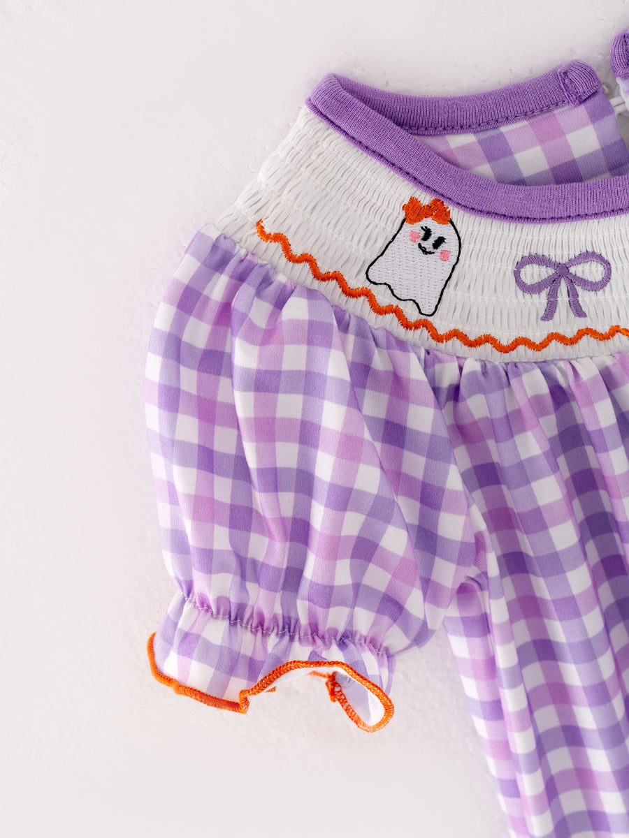 Halloween Girls Purple Smocking Ghost Bow Embroidery Plaid Romper