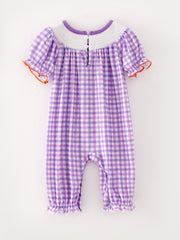 Halloween Girls Purple Smocking Ghost Bow Embroidery Plaid Romper