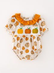 Halloween Baby Girls Woven Pumpkin Smocking Embroidered Romper