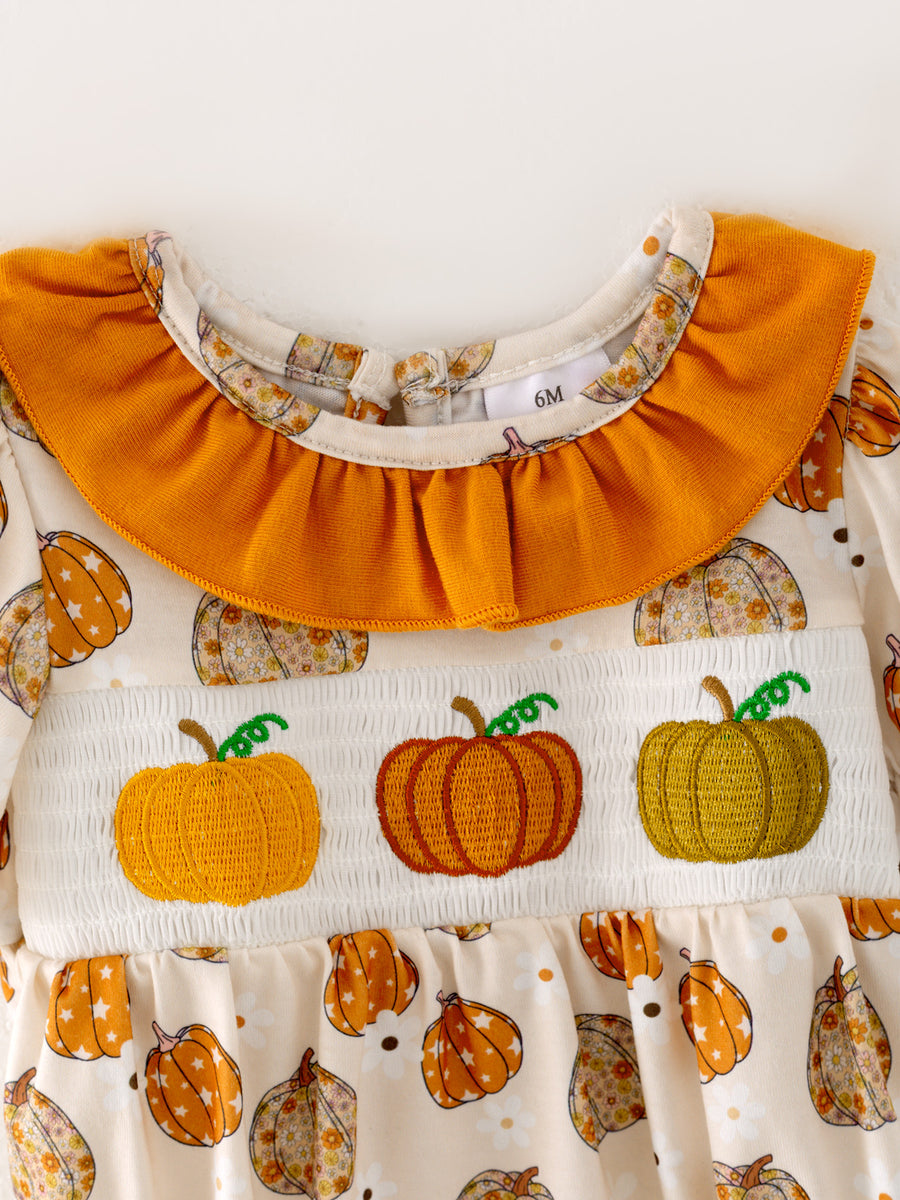 Halloween Baby Girls Woven Pumpkin Smocking Embroidered Romper