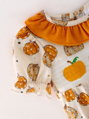 Halloween Baby Girls Woven Pumpkin Smocking Embroidered Romper