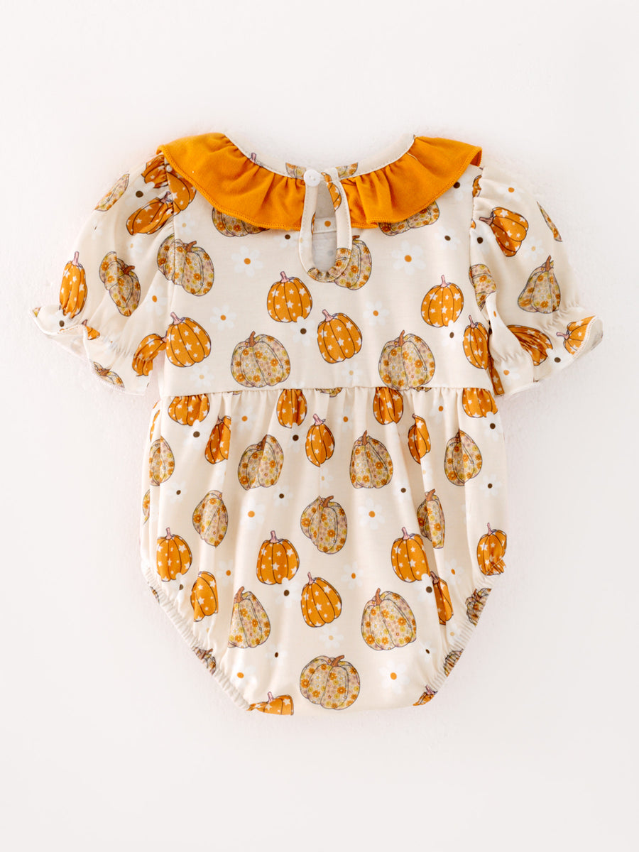 Halloween Baby Girls Woven Pumpkin Smocking Embroidered Romper