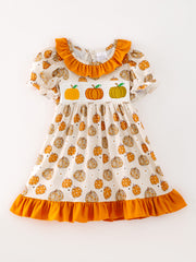 Halloween Girls Smocking Pumpkin Embroidery Ruffle Dress